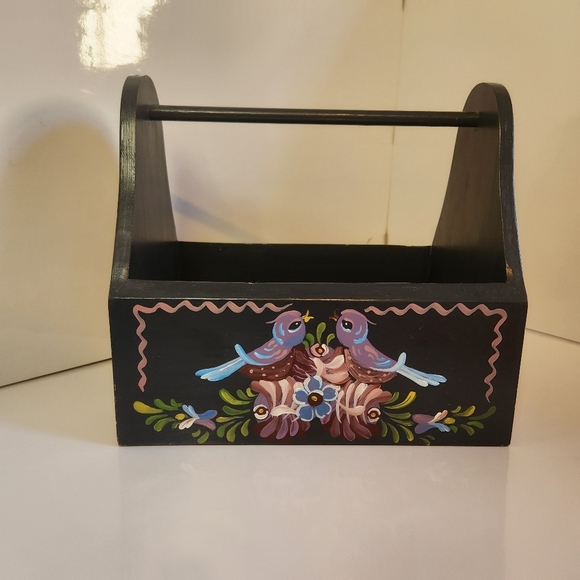 Vintage Painted Black Birds Wood Caddy Storage Basket Farmhouse Decor Cottage - Picture 5 of 9